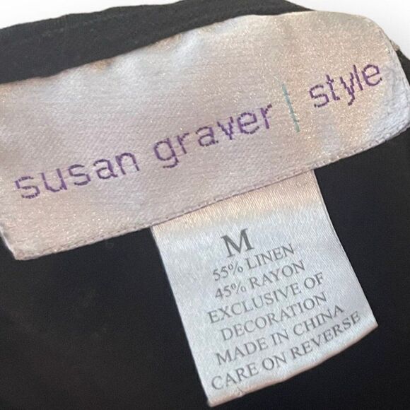 Susan Graver Style Embroidered Blouse Top Women's Medium Black Linen Blend Boho - Picture 5 of 7